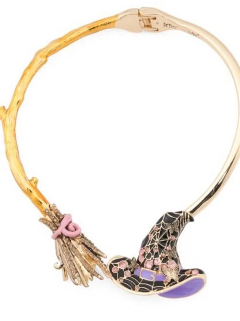 Betsey Johnson Halloween Witch Hat & Broom Enamel Crystal Necklace Gold tone
